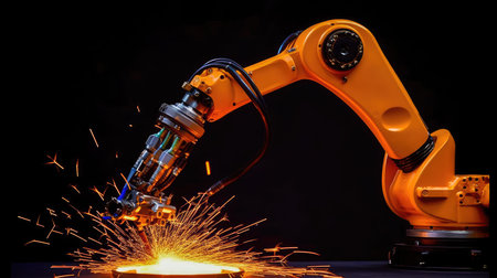 Robotic arm welding precise metal joints with high-speed torch. Generative AIの素材