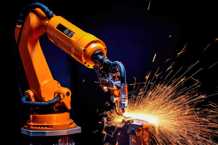 Robotic arm welding precise metal joints with high-speed torch. Generative AIの素材