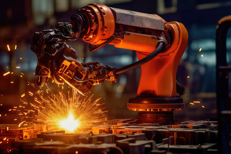 Robotic arm welding precise metal joints with high-speed torch. Generative AIの素材