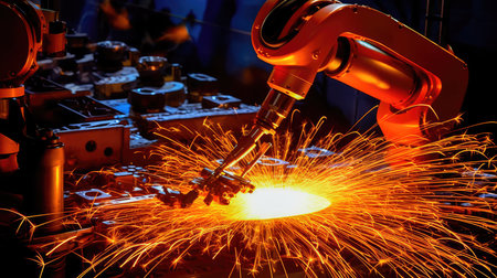 Robotic arm welding precise metal joints with high-speed torch. Generative AIの素材