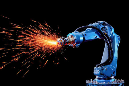 Robotic arm welding precise metal joints with high-speed torch. Generative AIの素材