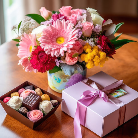 Gift box for Mother's Day with a bouquet of flowers and a greeting card. Generative AIの素材