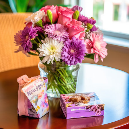 Gift box for Mother's Day with a bouquet of flowers and a greeting card. Generative AIの素材