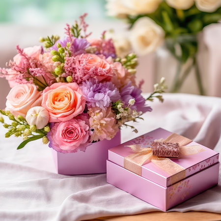 Gift box for Mother's Day with a bouquet of flowers and a greeting card. Generative AIの素材