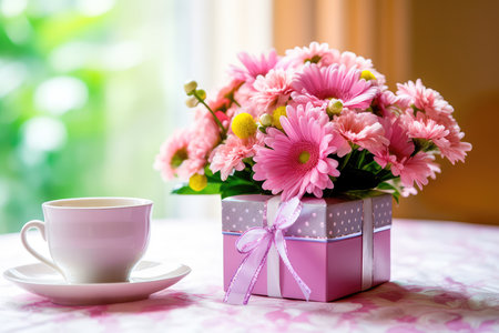 Gift box for Mother's Day with a bouquet of flowers and a greeting card. Generative AIの素材