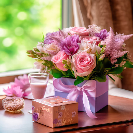 Gift box for Mother's Day with a bouquet of flowers and a greeting card. Generative AIの素材