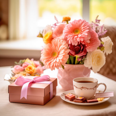 Gift box for Mother's Day with a bouquet of flowers and a greeting card. Generative AIの素材