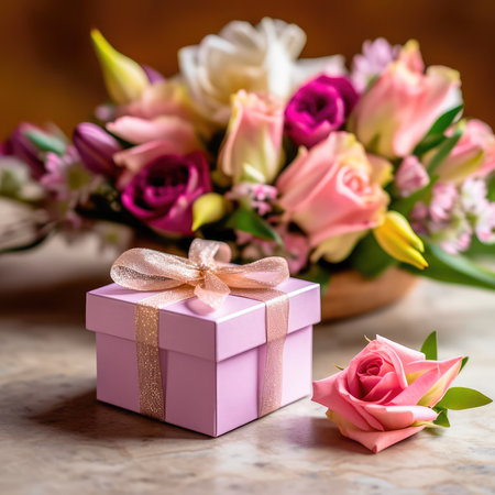 Gift box for Mother's Day with a bouquet of flowers and a greeting card. Generative AIの素材
