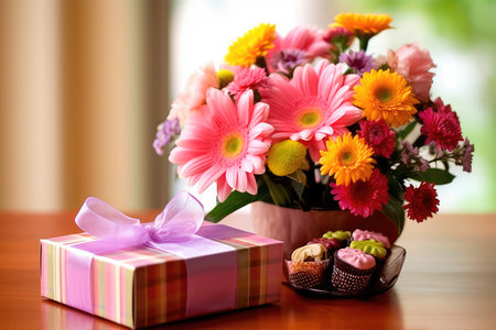 Gift box for Mother's Day with a bouquet of flowers and a greeting card. Generative AIの素材