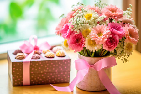 Gift box for Mother's Day with a bouquet of flowers and a greeting card. Generative AIの素材
