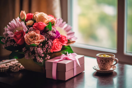 Gift box for Mother's Day with a bouquet of flowers and a greeting card. Generative AIの素材