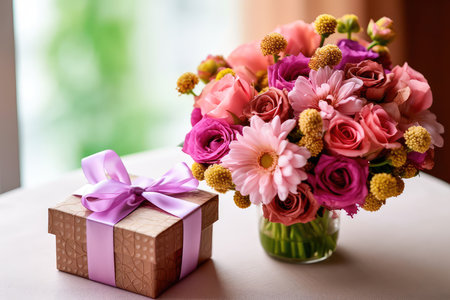 Gift box for Mother's Day with a bouquet of flowers and a greeting card. Generative AIの素材