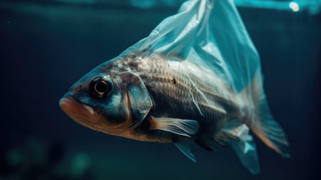 Fish in a transparent plastic bag under water. environmental pollution. Generative AIの素材