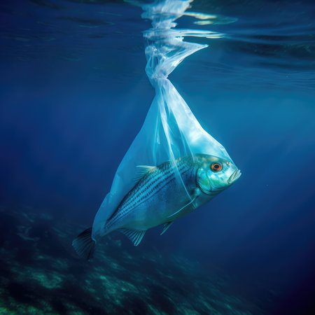 Fish in a transparent plastic bag under water. environmental pollution. Generative AIの素材