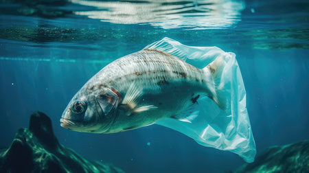 Fish in a transparent plastic bag under water. environmental pollution. Generative AIの素材