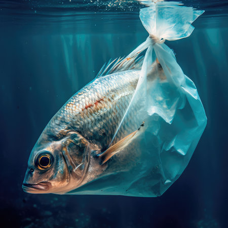 Fish in a transparent plastic bag under water. environmental pollution. Generative AIの素材