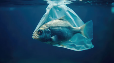 Fish in a transparent plastic bag under water. environmental pollution. Generative AIの素材