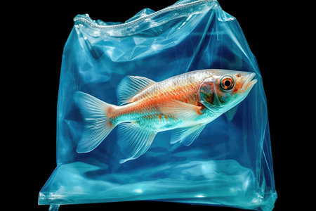 Fish in a transparent plastic bag under water. environmental pollution. Generative AIの素材