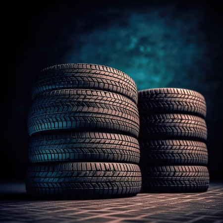 New tires pile on a dark background. Tire fitting background. stock car tires. Generative AIの素材