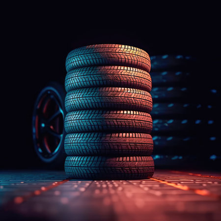 New tires pile on a dark background. Tire fitting background. stock car tires. Generative AIの素材