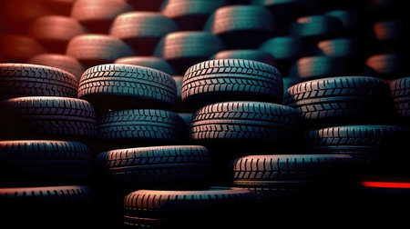 New tires pile on a dark background. Tire fitting background. stock car tires. Generative AIの素材