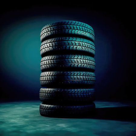 New tires pile on a dark background. Tire fitting background. stock car tires. Generative AIの素材
