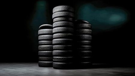 New tires pile on a dark background. Tire fitting background. stock car tires. Generative AIの素材