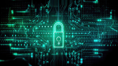 Concept illustration of a encrypted files on computer or server lock icon on electronic circuit.の素材