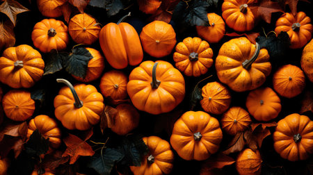 Concept illustration of a backgrounds and textures: many colorful pumpkins, seasonal autumn decorative background. Generative AIの素材