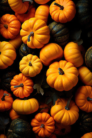 Concept illustration of a backgrounds and textures: many colorful pumpkins, seasonal autumn decorative background. Generative AIの素材