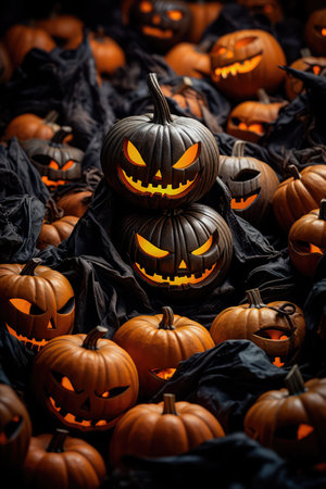 Concept illustration of a Halloween background. Jack lantern with candles. A row of creepy pumpkins with carved grimaces. Generative AIの素材