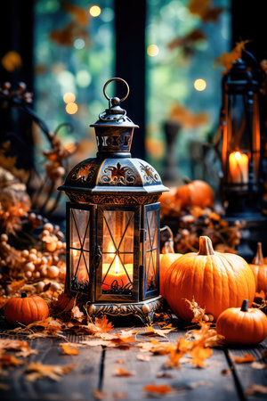 Concept illustration of a pumpkin lantern for Halloween by candlelight, in the style of spectacular backgrounds, on a wooden background, in an earthy palette inspired by nature. Generative AIの素材