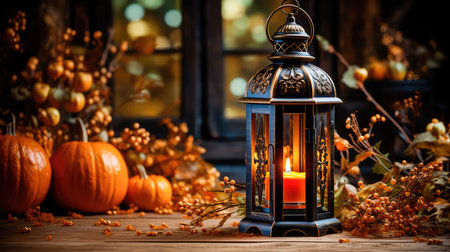 Concept illustration of a pumpkin lantern for Halloween by candlelight, in the style of spectacular backgrounds, on a wooden background, in an earthy palette inspired by nature. Generative AIの素材