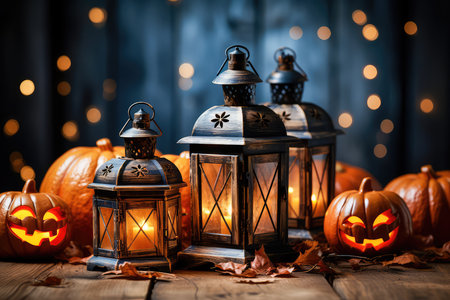 Concept illustration of a pumpkin lantern for Halloween by candlelight, in the style of spectacular backgrounds, on a wooden background, in an earthy palette inspired by nature. Generative AIの素材