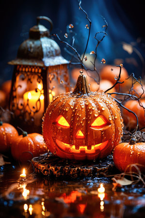 Concept illustration of a pumpkin lantern for Halloween by candlelight, in the style of spectacular backgrounds, on a wooden background, in an earthy palette inspired by nature. Generative AIの素材