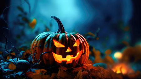 Concept illustration of a spooky pumpkin lantern glows in the dark autumn night. Generative AIの素材