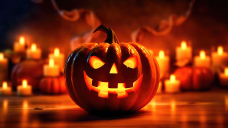 Concept illustration of a spooky pumpkin lantern glows in the dark autumn night. Generative AIの素材