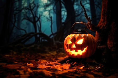 Concept illustration of a spooky pumpkin lantern glows in the dark autumn night. Generative AIの素材