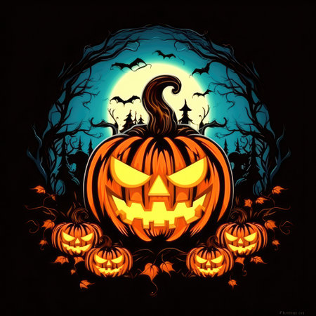 Concept illustration of a spooky pumpkin lantern glows in the dark autumn night. Generative AIの素材