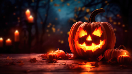 Concept illustration of a spooky pumpkin lantern glows in the dark autumn night. Generative AIの素材