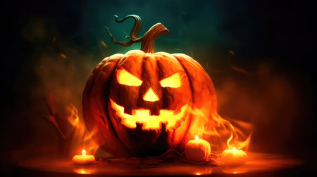 Concept illustration of a spooky pumpkin lantern glows in the dark autumn night. Generative AIの素材