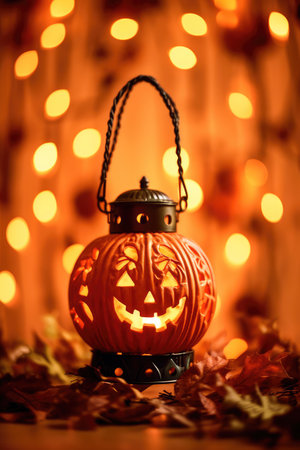 Concept illustration of a spooky pumpkin lantern glows in the dark autumn night. Generative AIの素材
