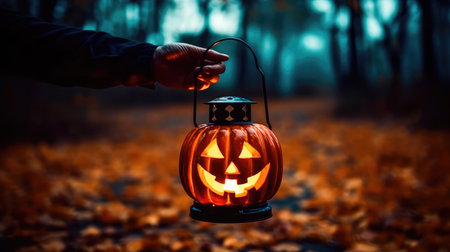 Concept illustration of a spooky pumpkin lantern glows in the dark autumn night. Generative AIの素材