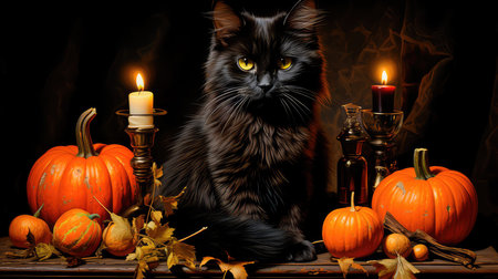 Concept illustration of a black cat on Halloween is sitting surrounded by an orange pumpkin and Jack's lantern, an oil painting, a wooden table in the background, an autumn harvest. Generative AIの素材