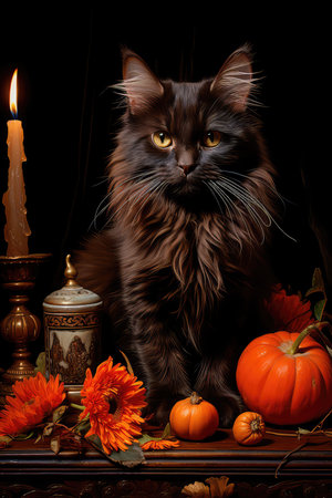 Concept illustration of a black cat on Halloween is sitting surrounded by an orange pumpkin and Jack's lantern, an oil painting, a wooden table in the background, an autumn harvest. Generative AIの素材