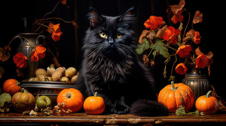Concept illustration of a black cat on Halloween is sitting surrounded by an orange pumpkin and Jack's lantern, an oil painting, a wooden table in the background, an autumn harvest. Generative AIの素材
