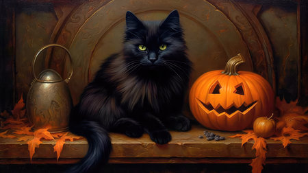 Concept illustration of a black cat on Halloween is sitting surrounded by an orange pumpkin and Jack's lantern, an oil painting, a wooden table in the background, an autumn harvest. Generative AIの素材