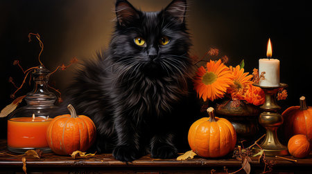 Concept illustration of a black cat on Halloween is sitting surrounded by an orange pumpkin and Jack's lantern, an oil painting, a wooden table in the background, an autumn harvest. Generative AIの素材
