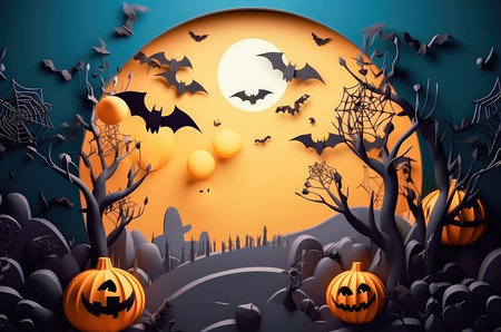 Concept illustration of a happy Halloween background with clouds and pumpkins in the style of paper clippings. Full moon in the sky, spider web, skull, ghost and flying bats. Generative AIの素材