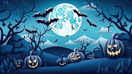 Concept illustration of a happy Halloween background with clouds and pumpkins in the style of paper clippings. Full moon in the sky, spider web, skull, ghost and flying bats. Generative AIの素材